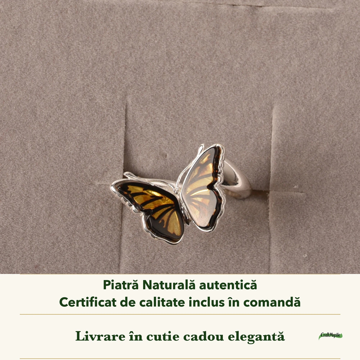 Inel cu Chihlimbar în cutia cadou CraftMystic, cu certificatul de calitate