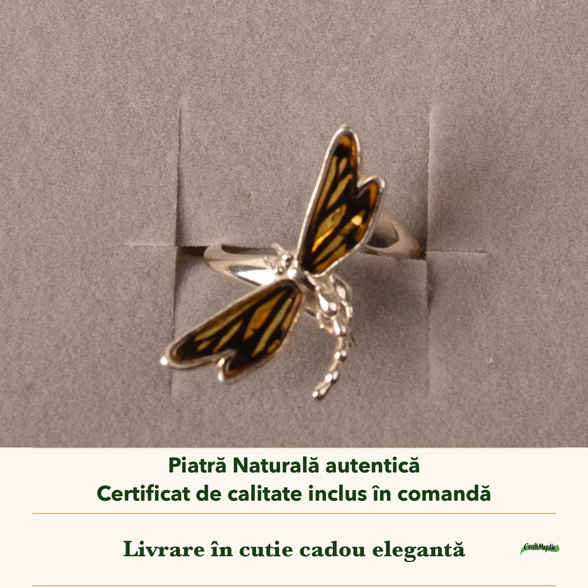 Inel cu Chihlimbar în cutia cadou CraftMystic, cu certificatul de calitate