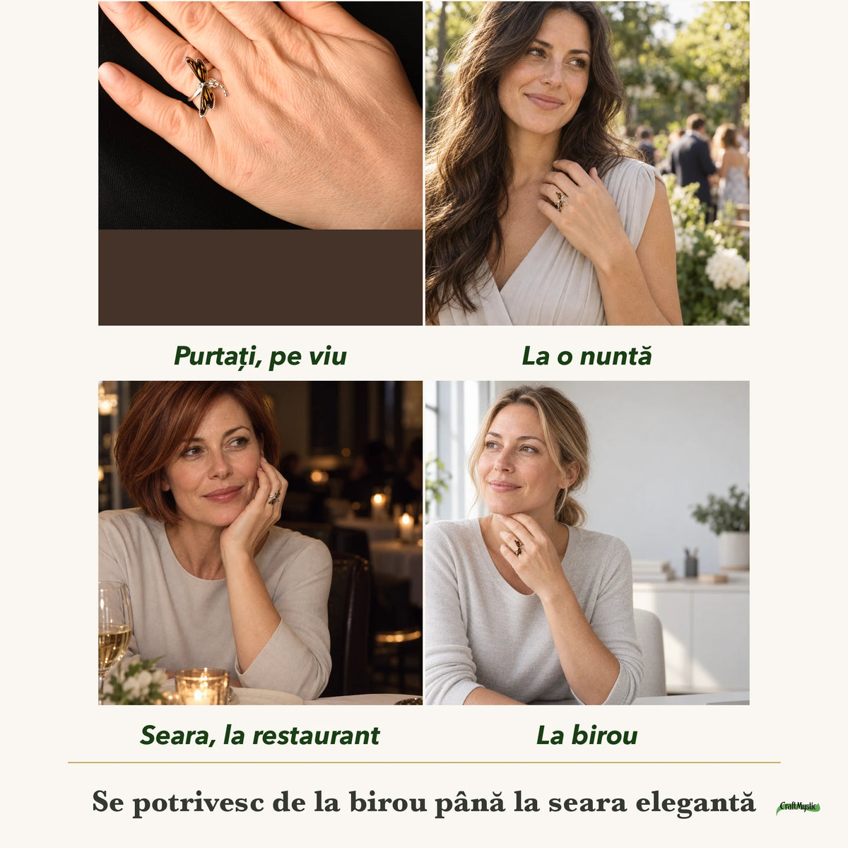 Inel cu Chihlimbar purtați de patru femei, la nuntă, seara, la birou și la o aniversare