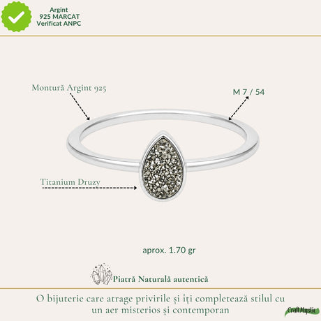 Inel argint 925 cu Titanium Druzy lacrimă – strălucire și energie pozitivă