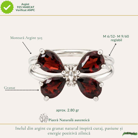 Inel Argint 925 ajustabil cu Piatra Naturala de Granat Fluture – Curaj si Pasiune