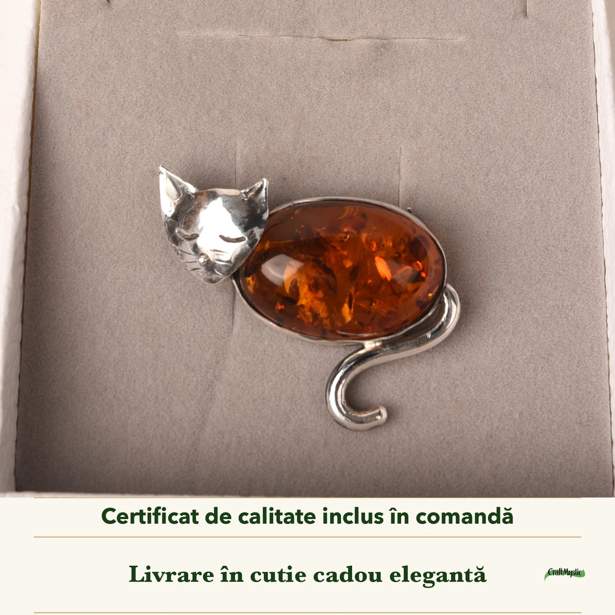 Broșă cu Chihlimbar în cutia cadou CraftMystic, cu certificatul de calitate