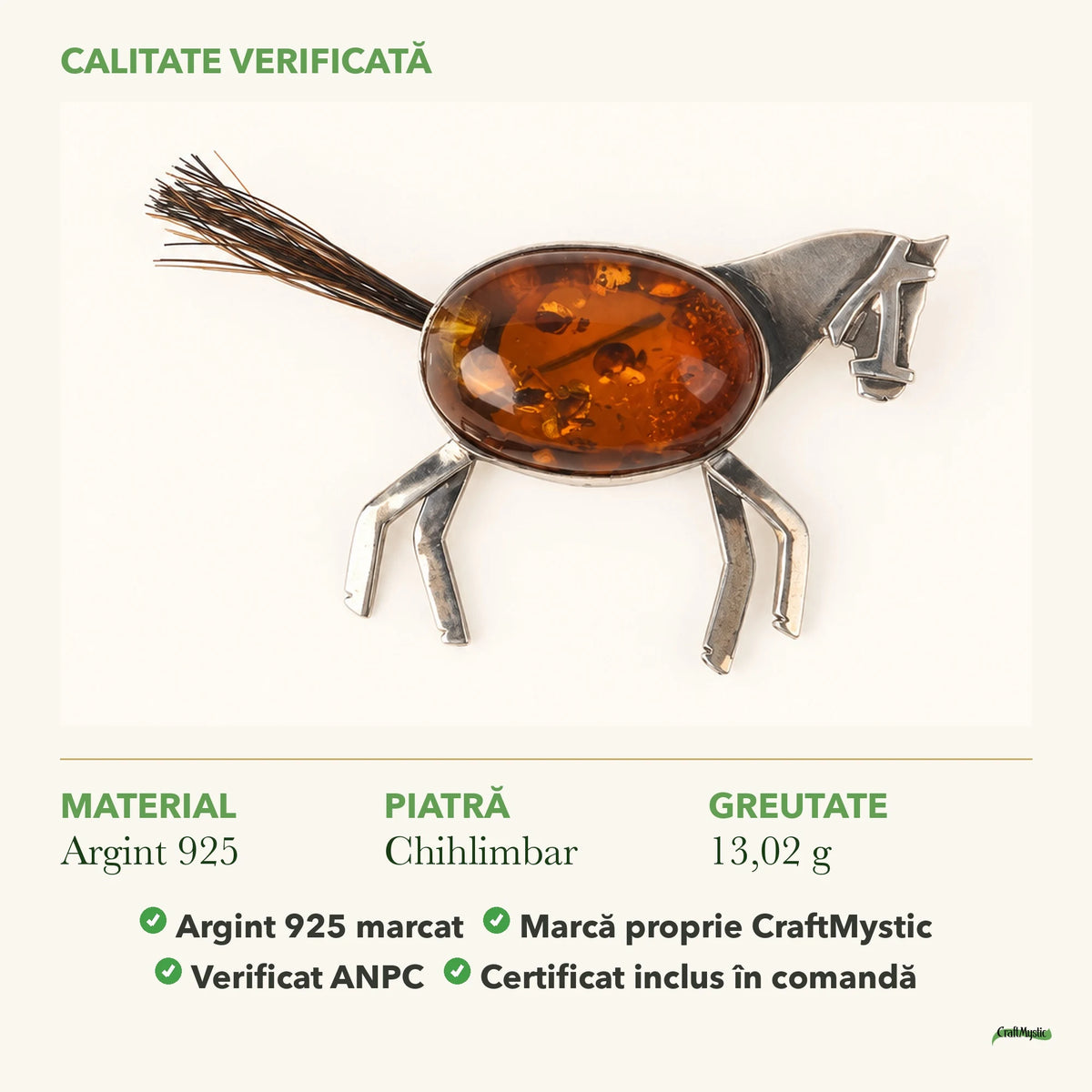 Broșă cu Chihlimbar: material, dimensiunea pietrei, greutate și marcajul 925