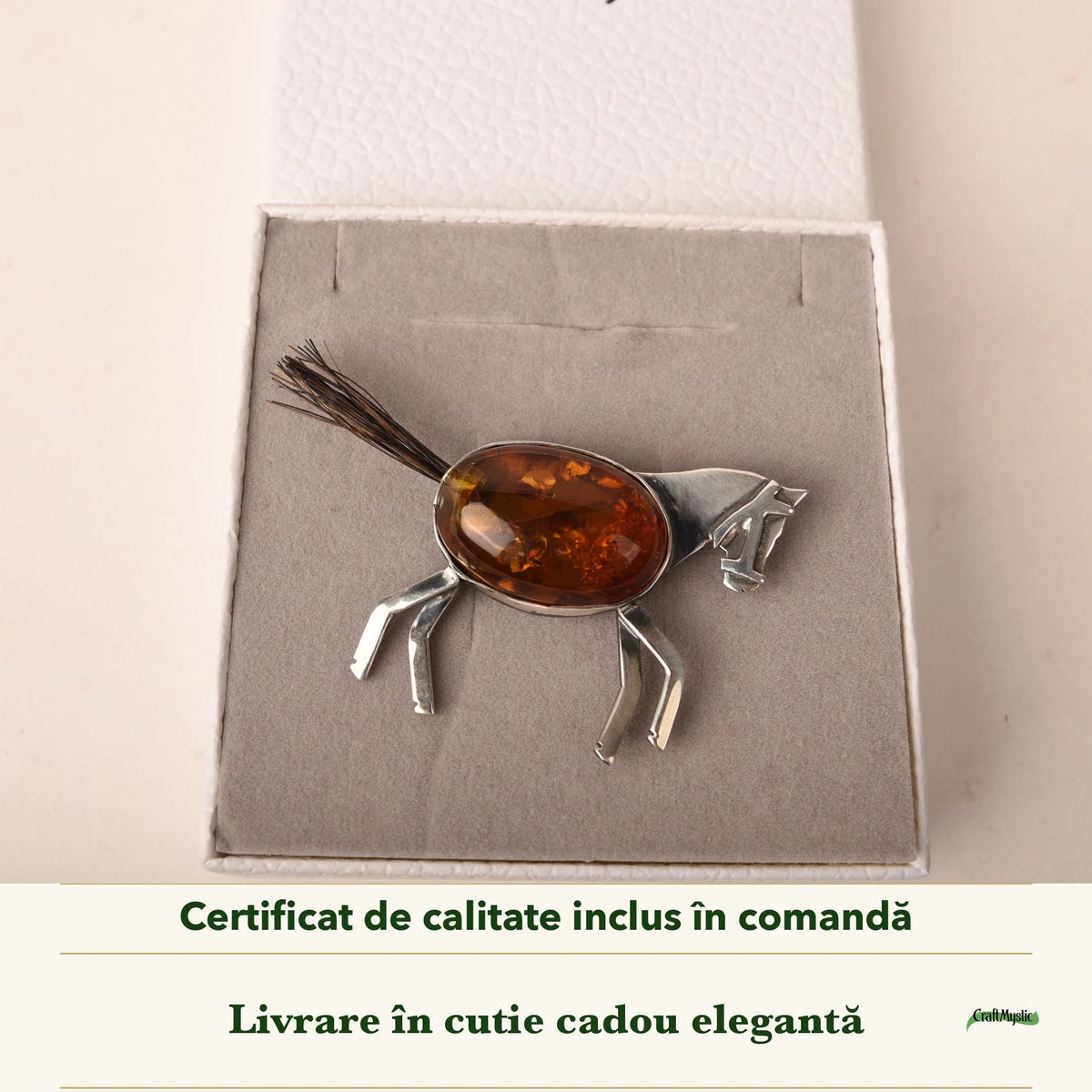 Broșă cu Chihlimbar în cutia cadou CraftMystic, cu certificatul de calitate