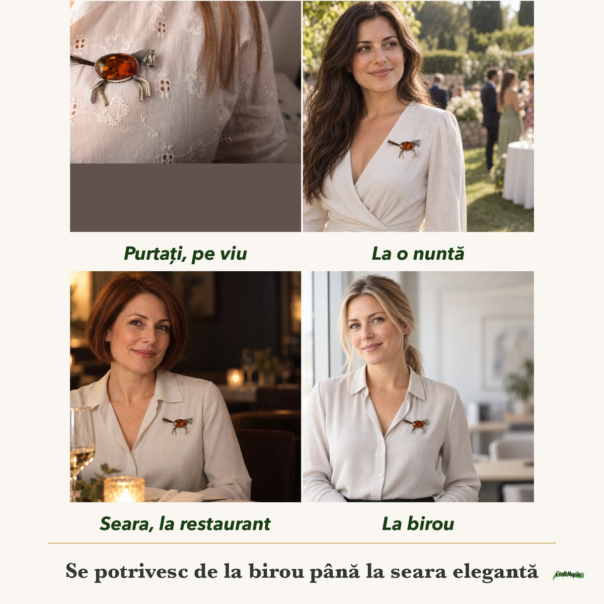 Broșă cu Chihlimbar purtați de patru femei, la nuntă, seara, la birou și la o aniversare