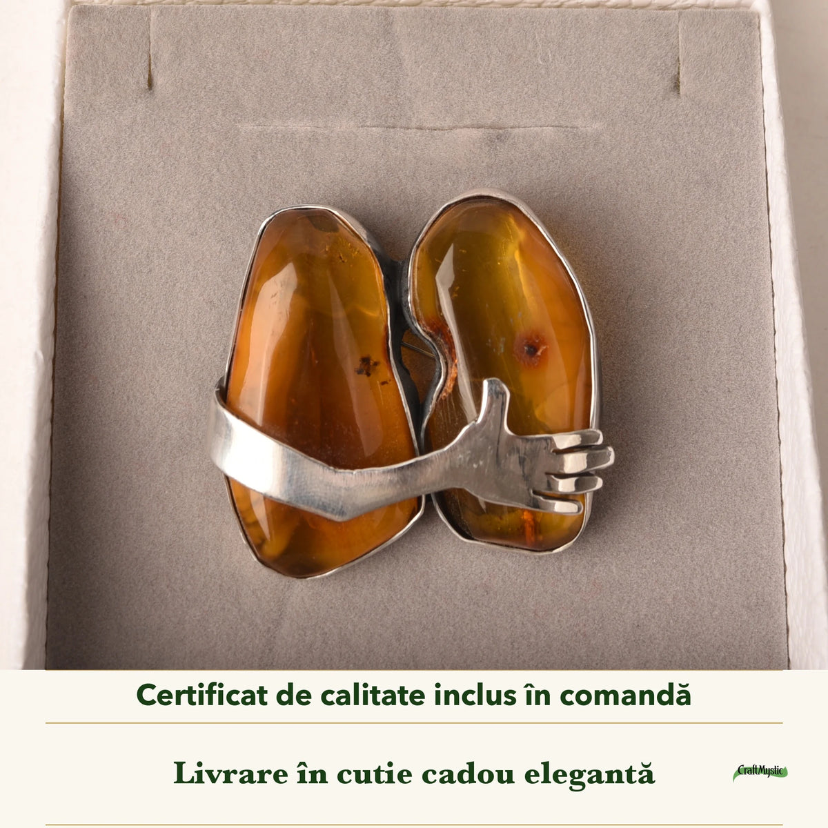 Broșă cu Chihlimbar în cutia cadou CraftMystic, cu certificatul de calitate