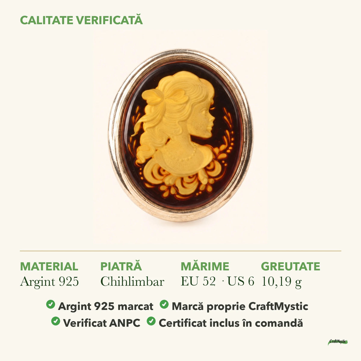 Inel cu Chihlimbar: material, dimensiunea pietrei, greutate și marcajul 925