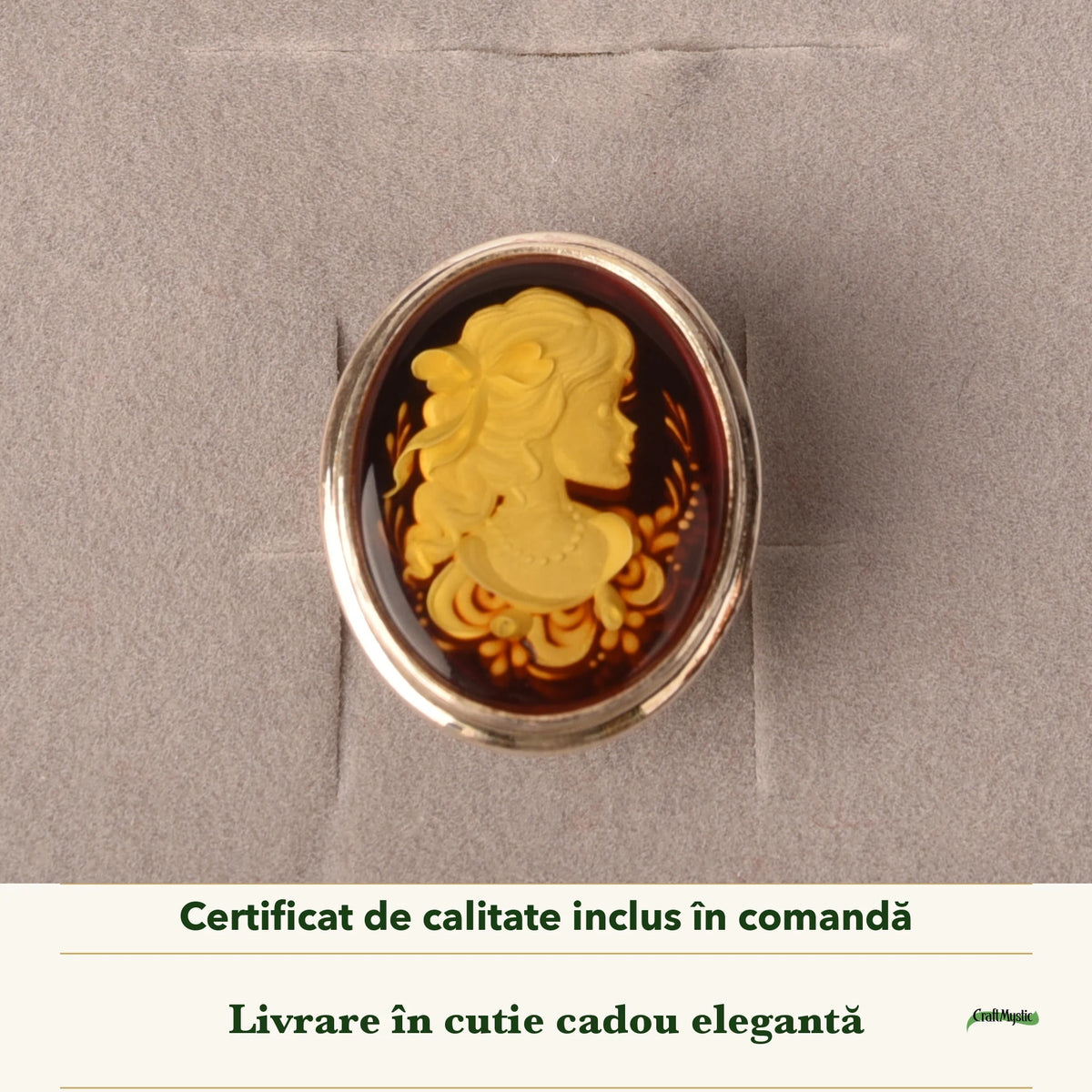 Inel cu Chihlimbar în cutia cadou CraftMystic, cu certificatul de calitate