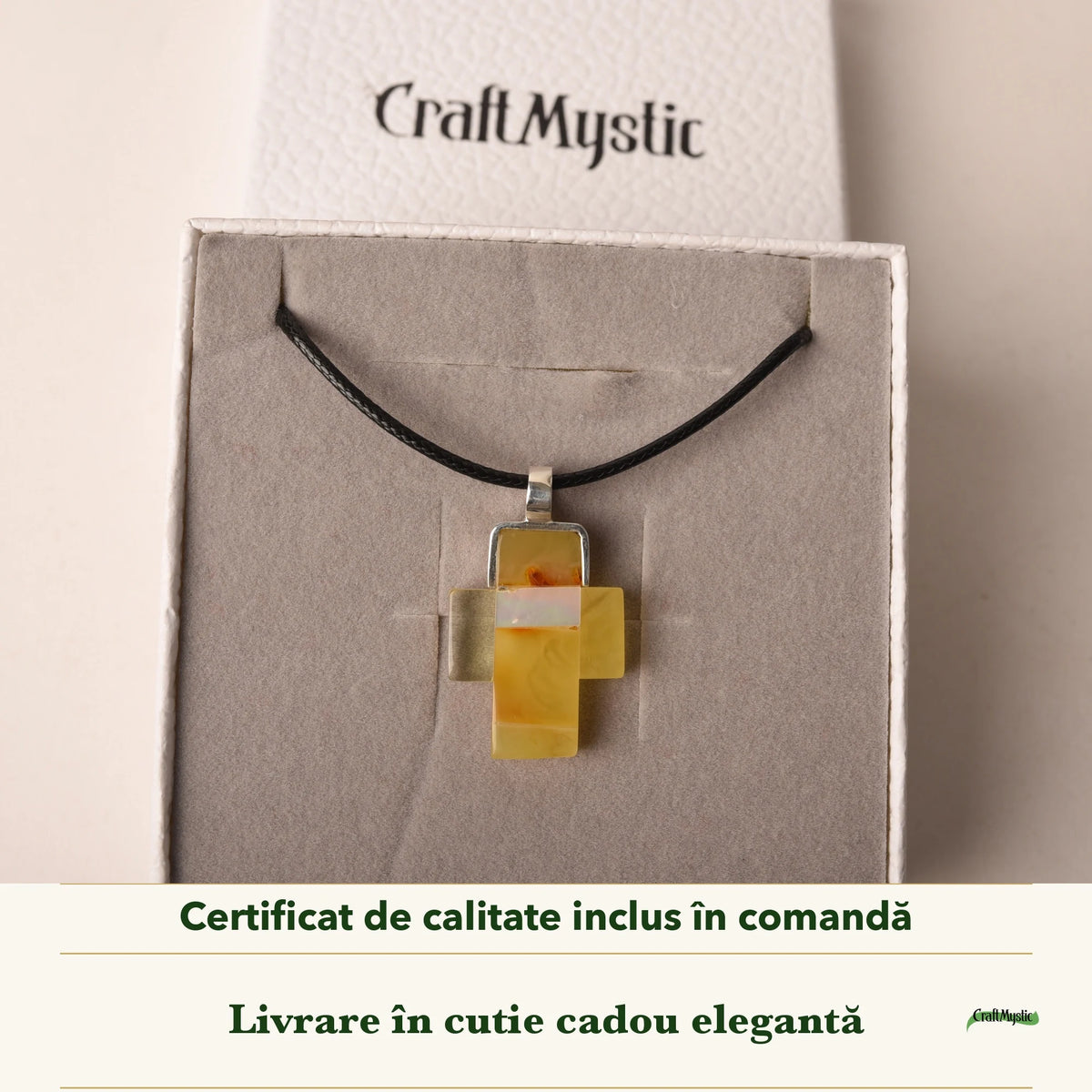 Colier cu Chihlimbar în cutia cadou CraftMystic, cu certificatul de calitate