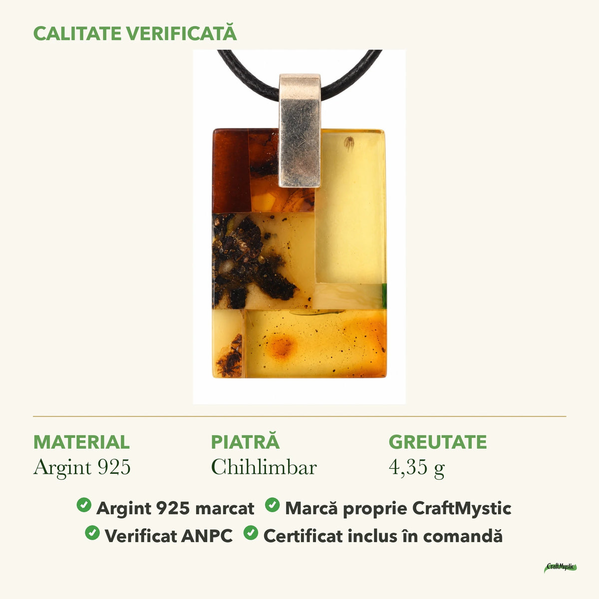 Colier cu Chihlimbar: material, dimensiunea pietrei, greutate și marcajul 925