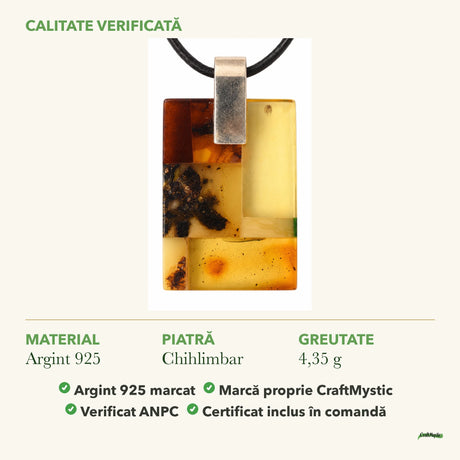 Colier cu Chihlimbar: material, dimensiunea pietrei, greutate și marcajul 925