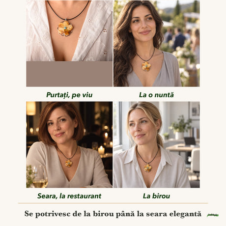 Colier cu Chihlimbar și Larimar purtați de patru femei, la nuntă, seara, la birou și la o aniversare