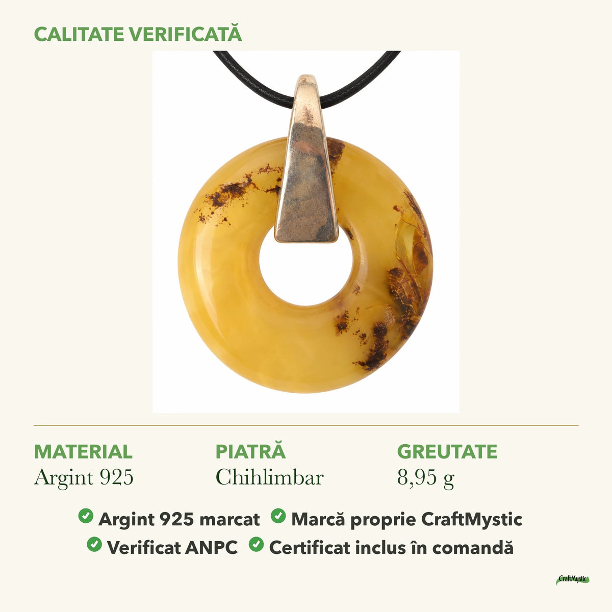 Colier cu Chihlimbar: material, dimensiunea pietrei, greutate și marcajul 925