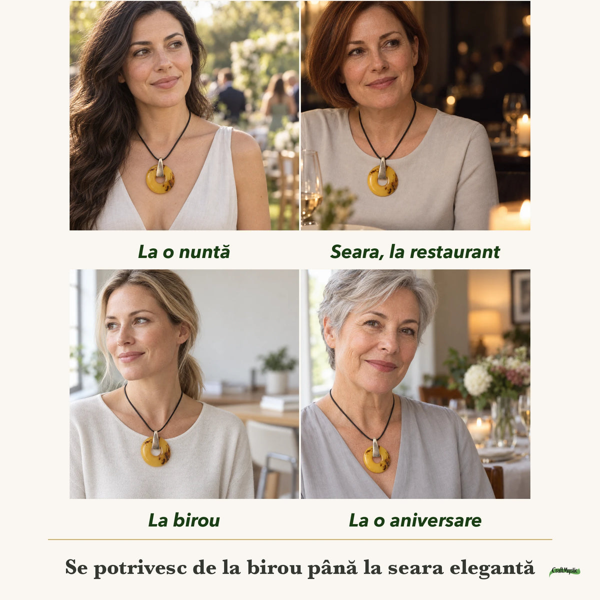 Colier cu Chihlimbar purtați de patru femei, la nuntă, seara, la birou și la o aniversare