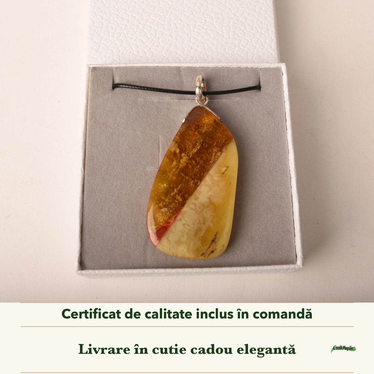 Colier cu Chihlimbar în cutia cadou CraftMystic, cu certificatul de calitate