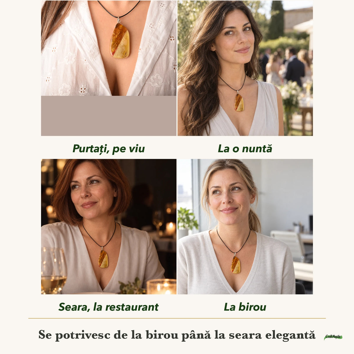 Colier cu Chihlimbar purtați de patru femei, la nuntă, seara, la birou și la o aniversare