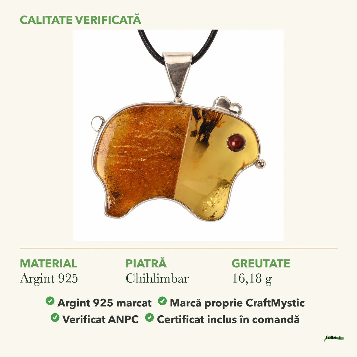 Colier cu Chihlimbar: material, dimensiunea pietrei, greutate și marcajul 925