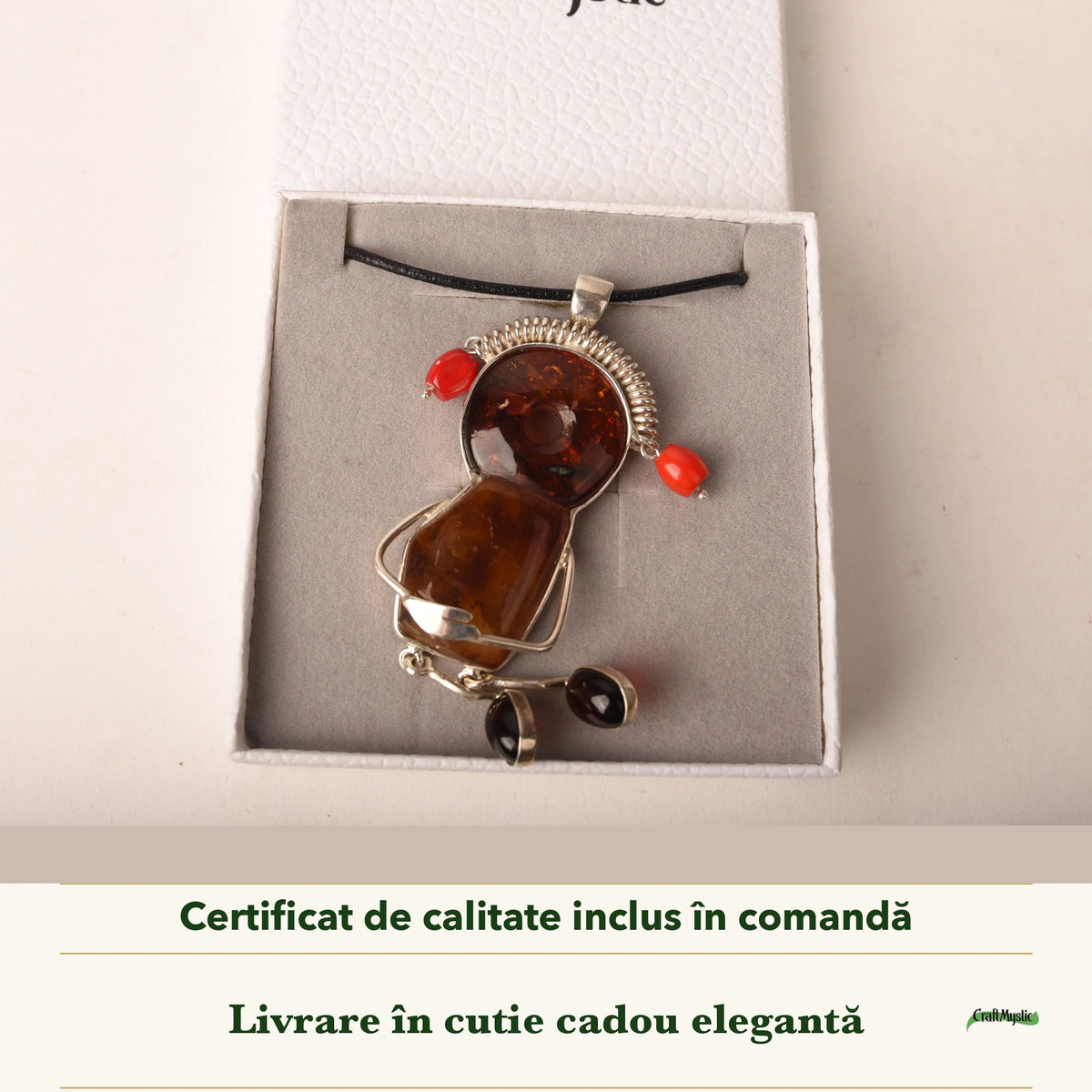 Colier cu Chihlimbar în cutia cadou CraftMystic, cu certificatul de calitate