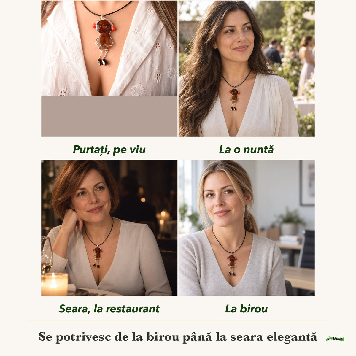 Colier cu Chihlimbar purtați de patru femei, la nuntă, seara, la birou și la o aniversare