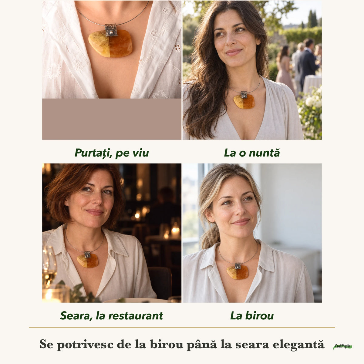 Colier cu Chihlimbar purtați de patru femei, la nuntă, seara, la birou și la o aniversare