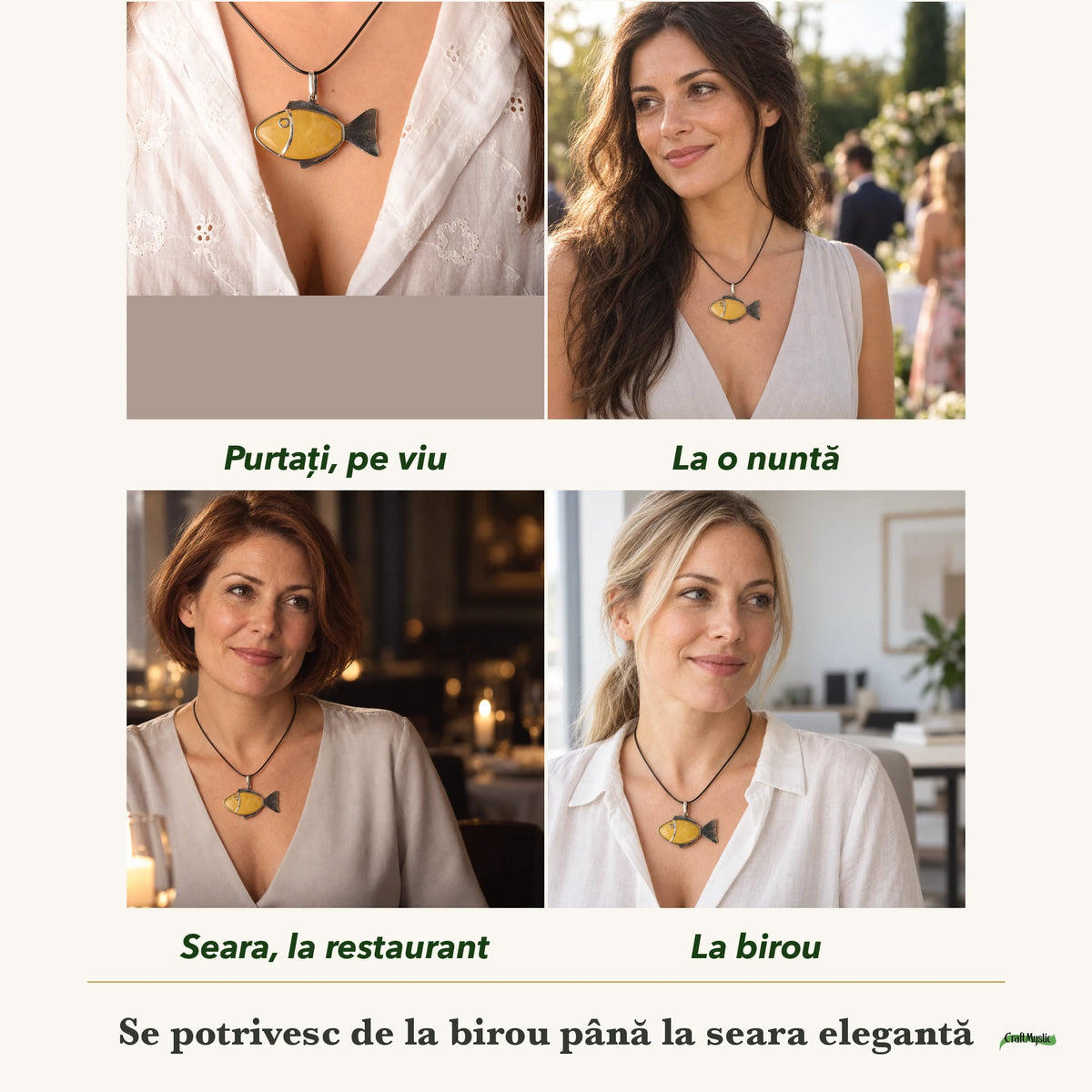 Colier cu Chihlimbar purtați de patru femei, la nuntă, seara, la birou și la o aniversare