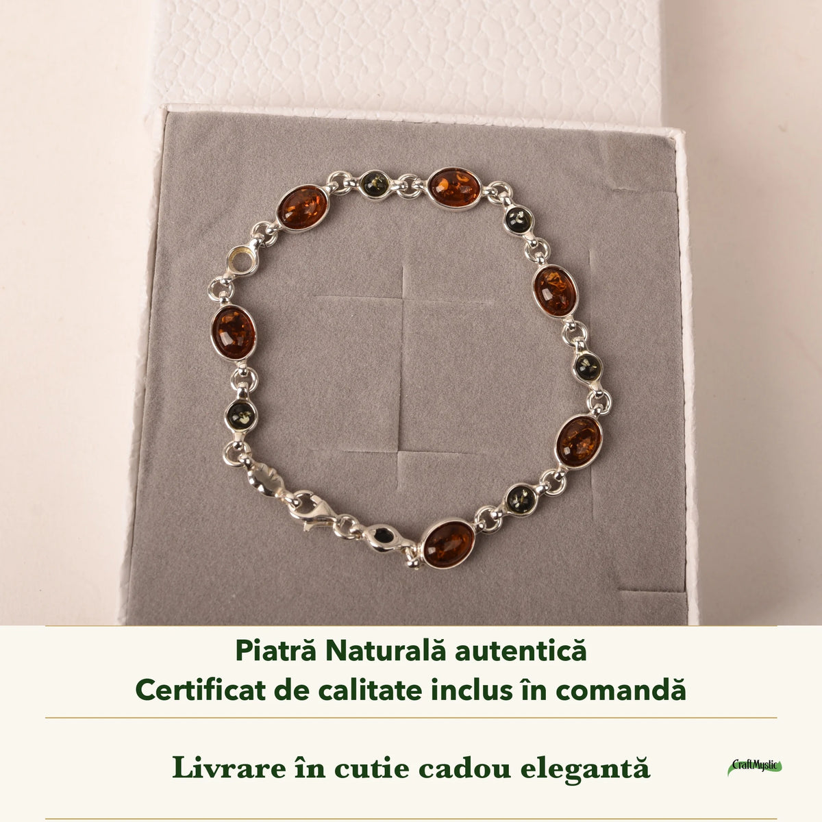 Brățară cu Chihlimbar în cutia cadou CraftMystic, cu certificatul de calitate