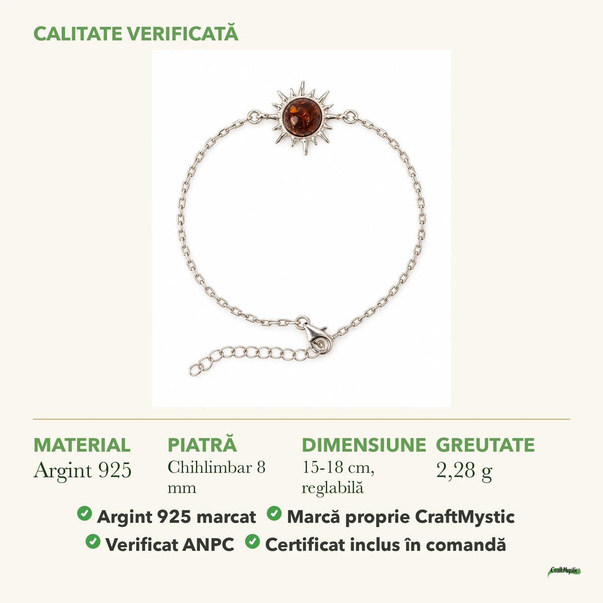Brățară cu Chihlimbar: material, dimensiunea pietrei, greutate și marcajul 925