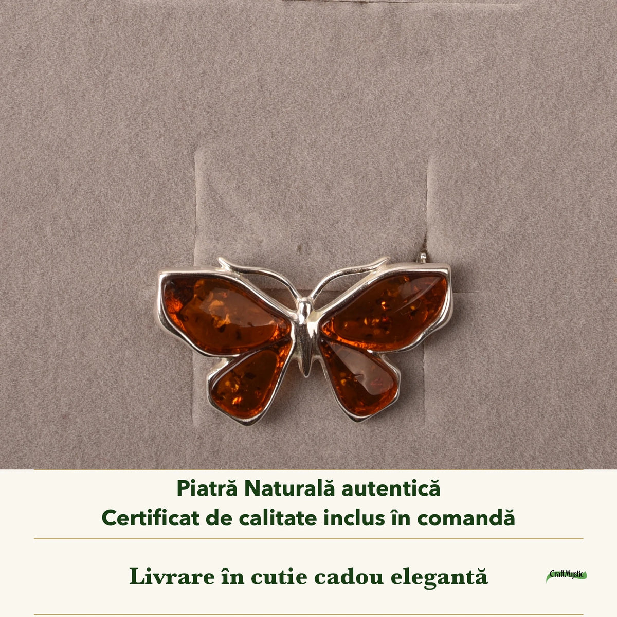 Broșă cu Chihlimbar în cutia cadou CraftMystic, cu certificatul de calitate