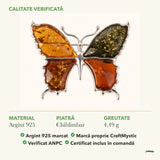 Broșă cu Chihlimbar: material, dimensiunea pietrei, greutate și marcajul 925