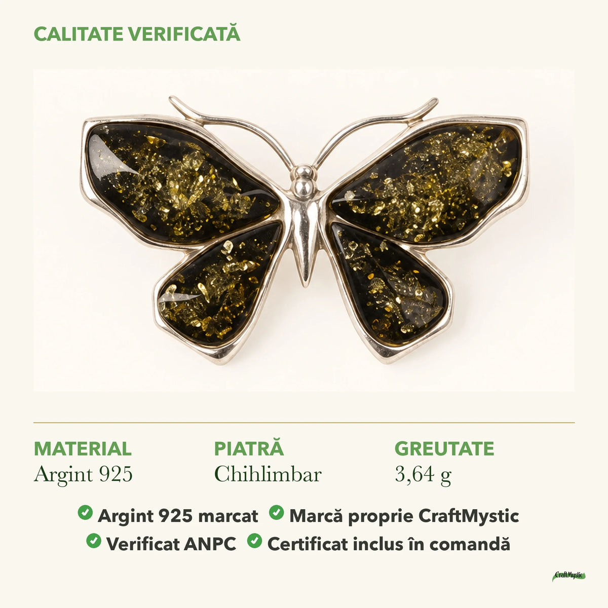 Broșă cu Chihlimbar: material, dimensiunea pietrei, greutate și marcajul 925