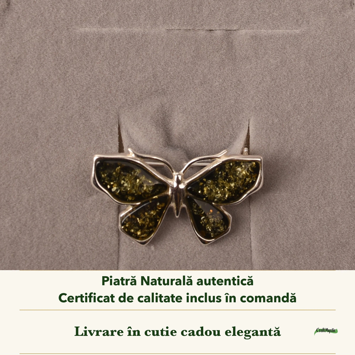 Broșă cu Chihlimbar în cutia cadou CraftMystic, cu certificatul de calitate
