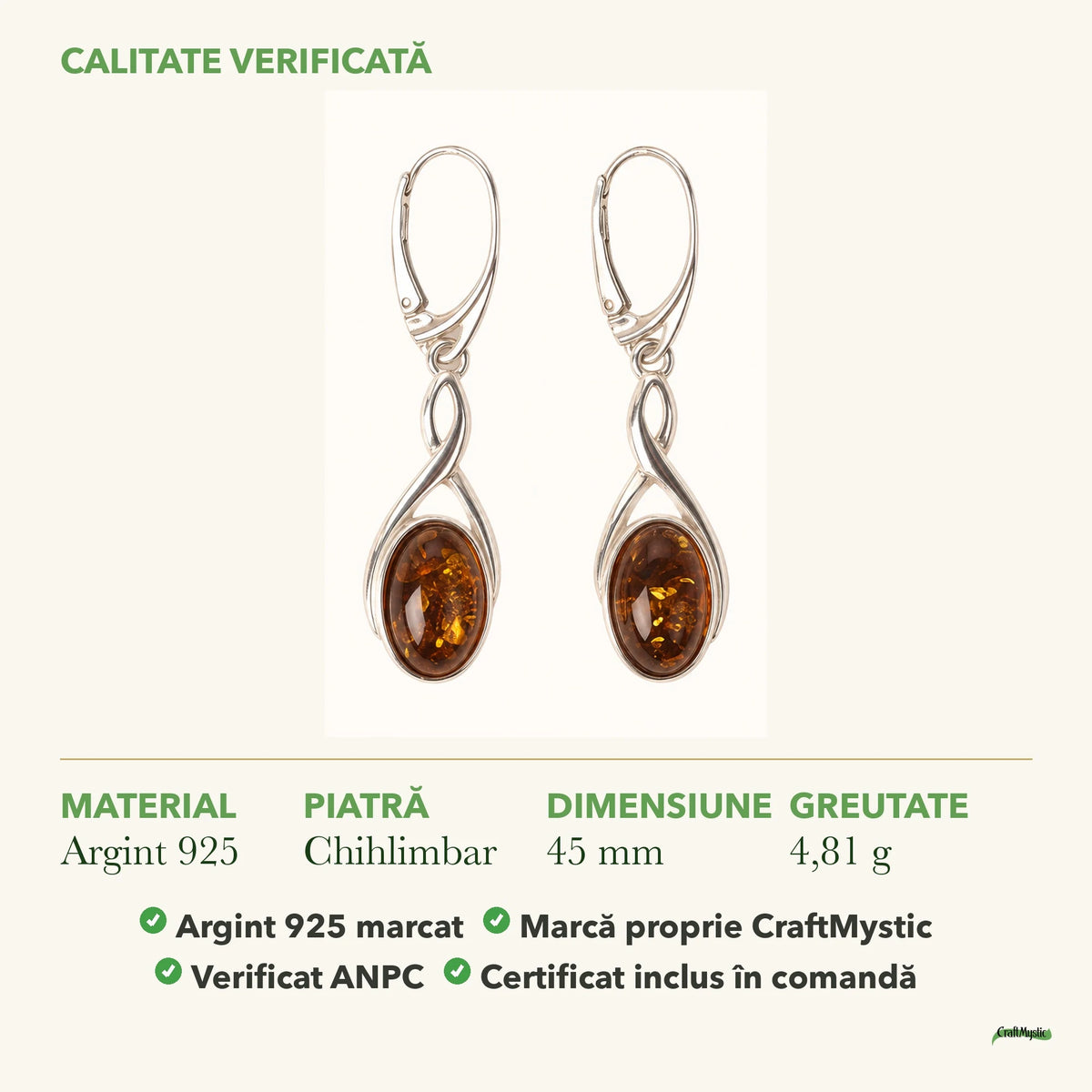 Cercei cu Chihlimbar: material, dimensiunea pietrei, greutate și marcajul 925