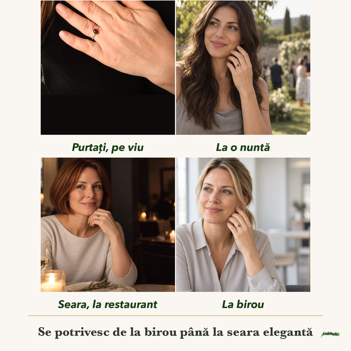 Inel cu Chihlimbar purtați de patru femei, la nuntă, seara, la birou și la o aniversare
