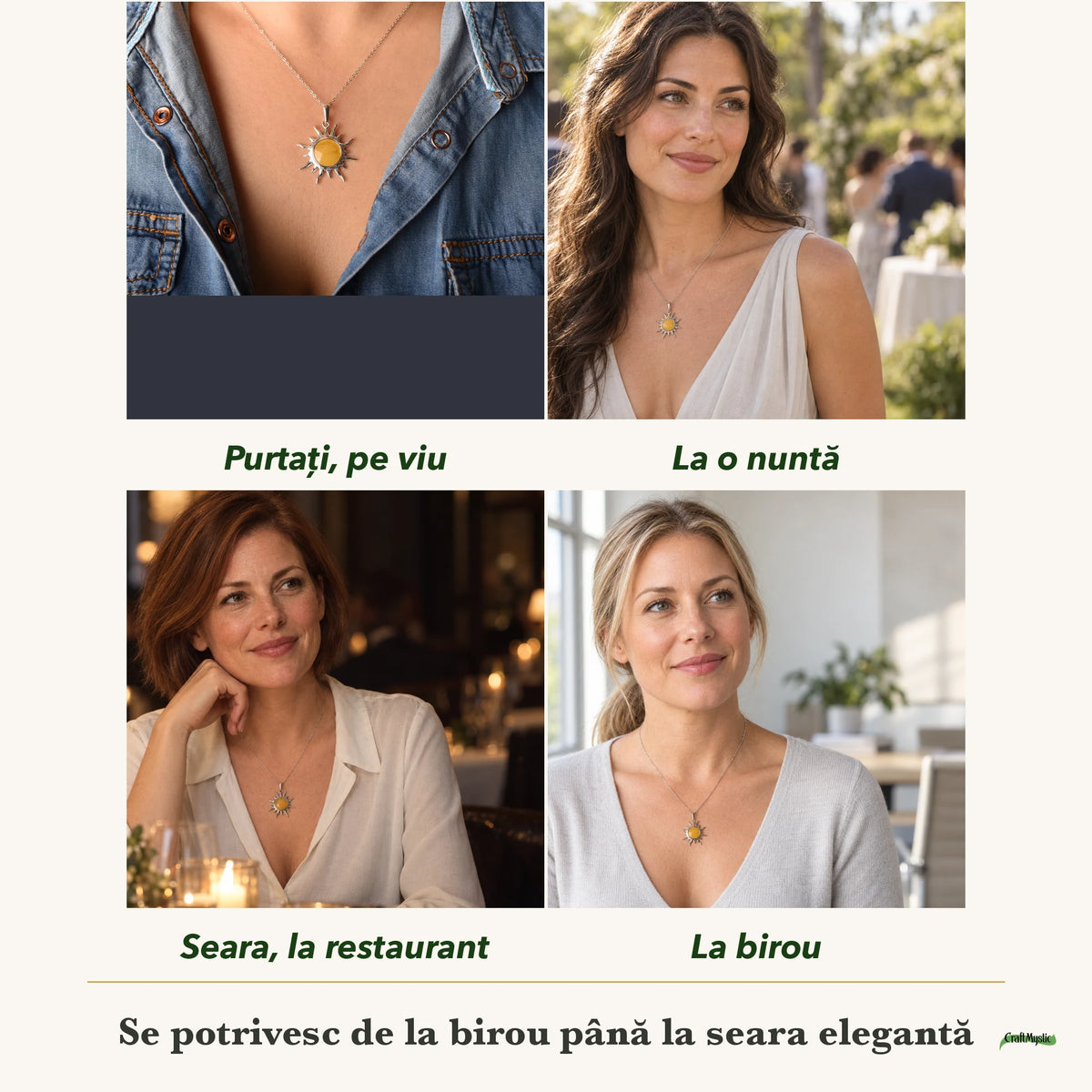 Colier cu Chihlimbar purtați de patru femei, la nuntă, seara, la birou și la o aniversare