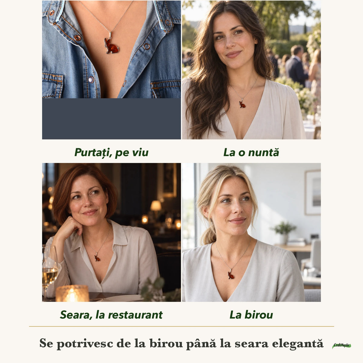Colier cu Chihlimbar purtați de patru femei, la nuntă, seara, la birou și la o aniversare