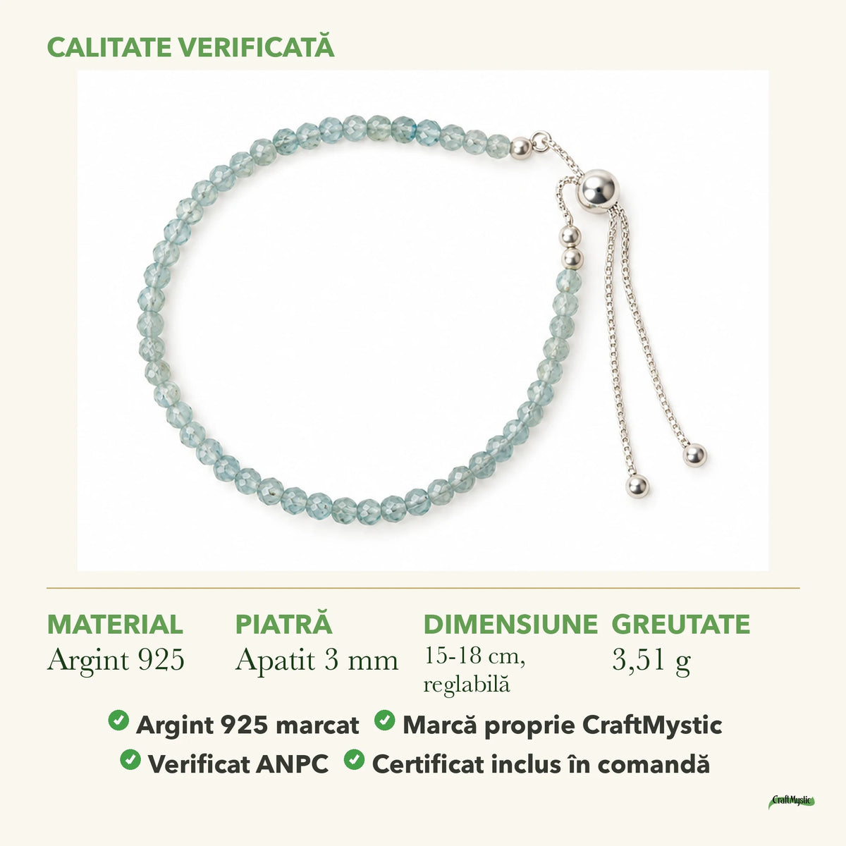 Brățară cu Apatit: material, dimensiunea pietrei, greutate și marcajul 925