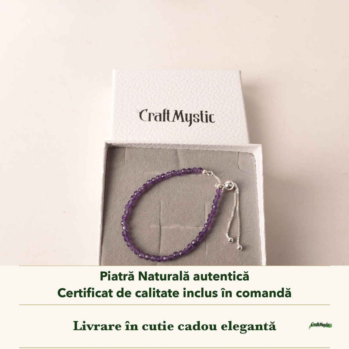 Brățară cu Ametist în cutia cadou CraftMystic, cu certificatul de calitate