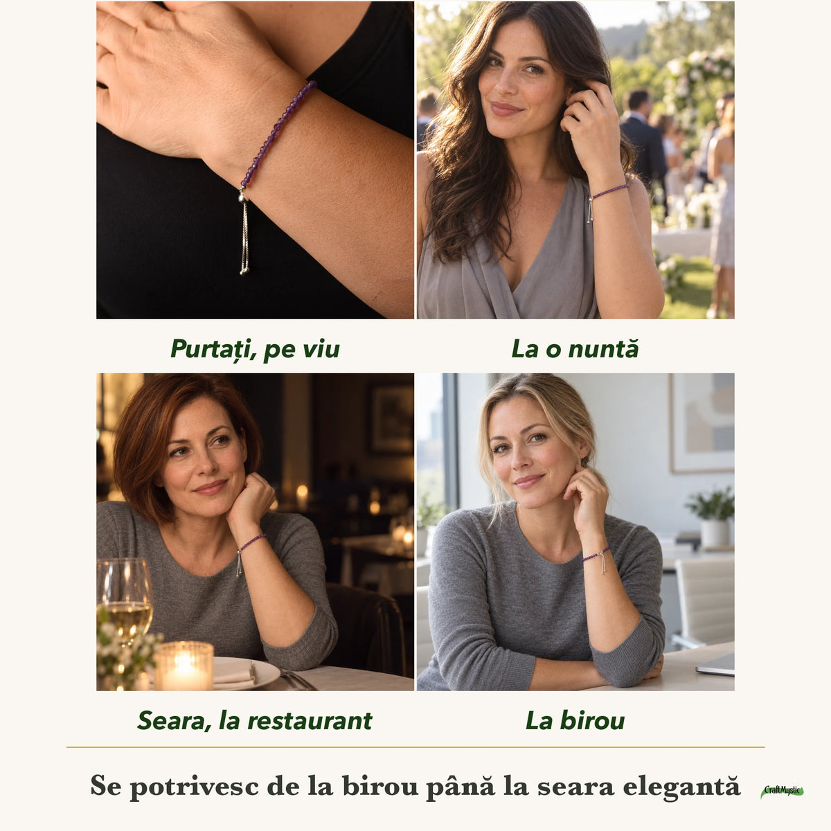 Brățară cu Ametist purtați de patru femei, la nuntă, seara, la birou și la o aniversare