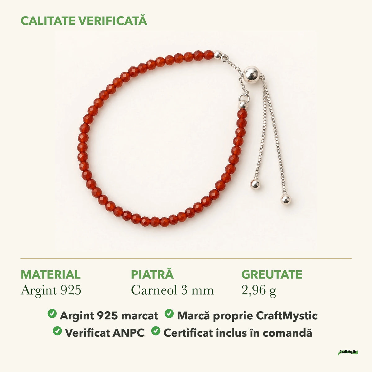 Brățară cu Carneol: material, dimensiunea pietrei, greutate și marcajul 925
