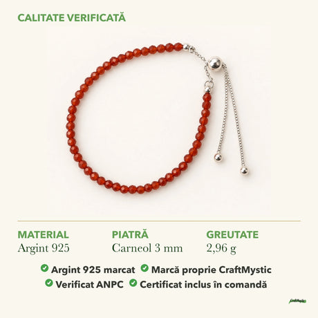 Brățară cu Carneol: material, dimensiunea pietrei, greutate și marcajul 925