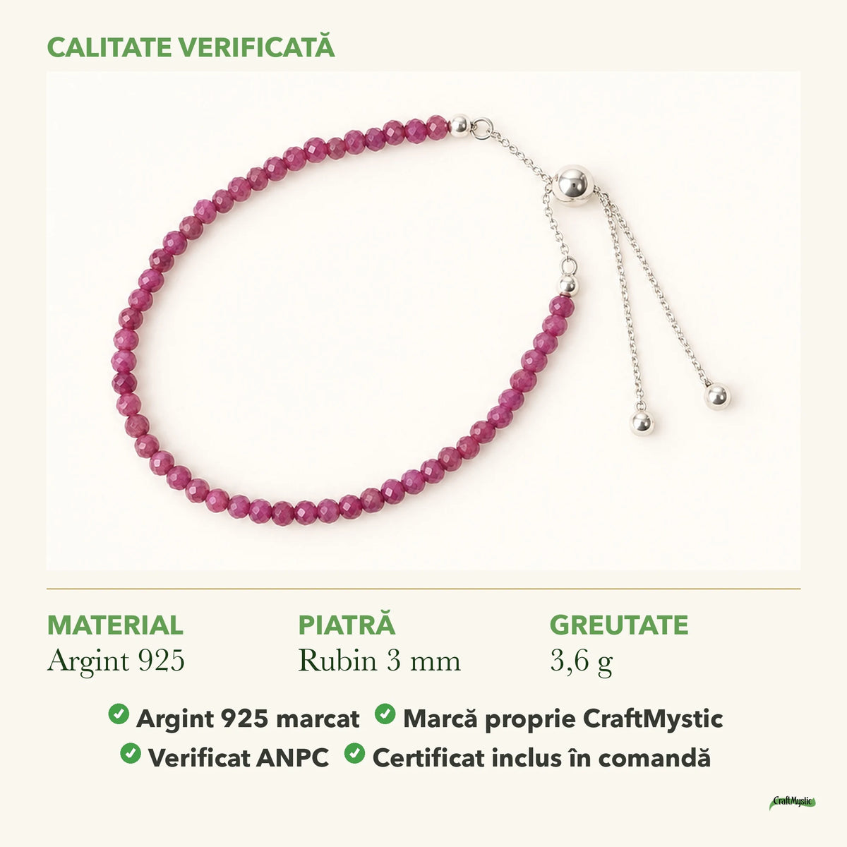 Brățară cu Rubin: material, dimensiunea pietrei, greutate și marcajul 925