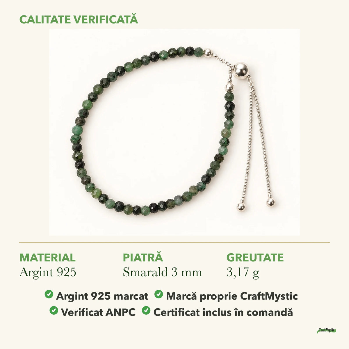 Brățară cu Smarald: material, dimensiunea pietrei, greutate și marcajul 925