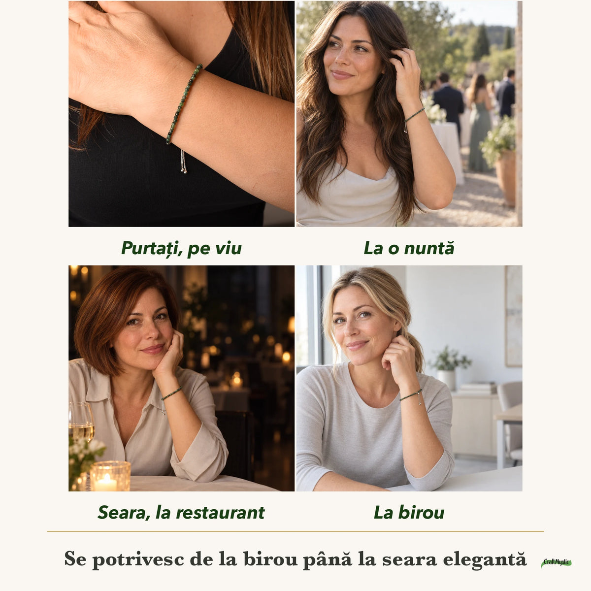Brățară cu Smarald purtați de patru femei, la nuntă, seara, la birou și la o aniversare