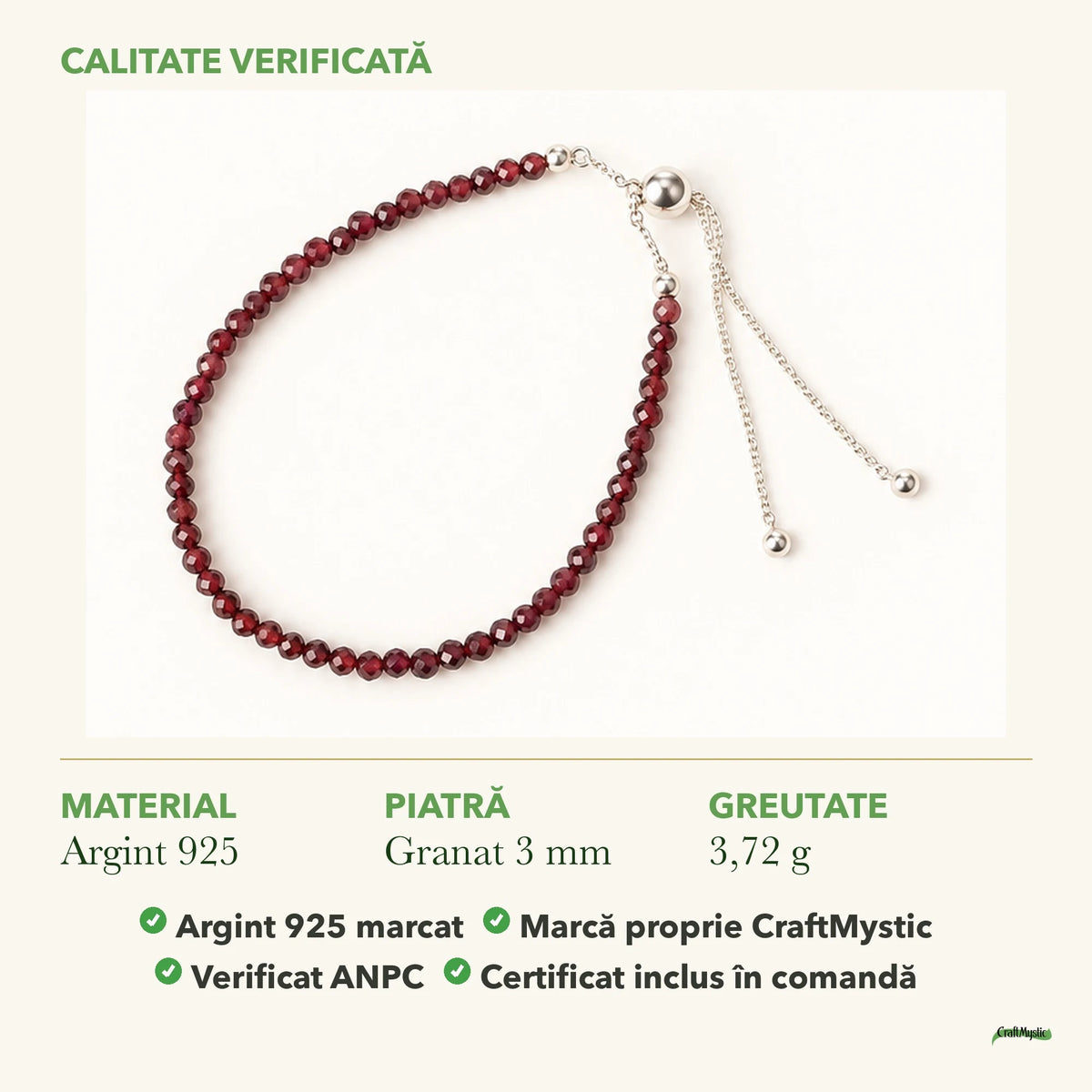 Brățară cu Granat: material, dimensiunea pietrei, greutate și marcajul 925