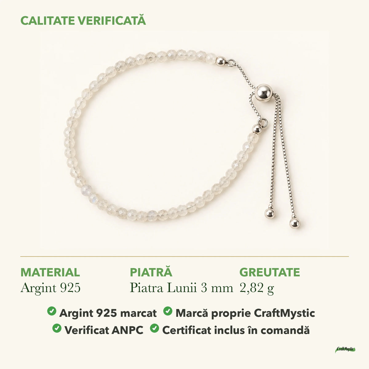 Brățară cu Piatra Lunii: material, dimensiunea pietrei, greutate și marcajul 925