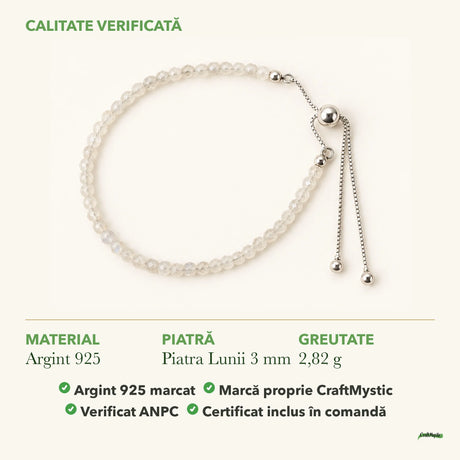 Brățară cu Piatra Lunii: material, dimensiunea pietrei, greutate și marcajul 925