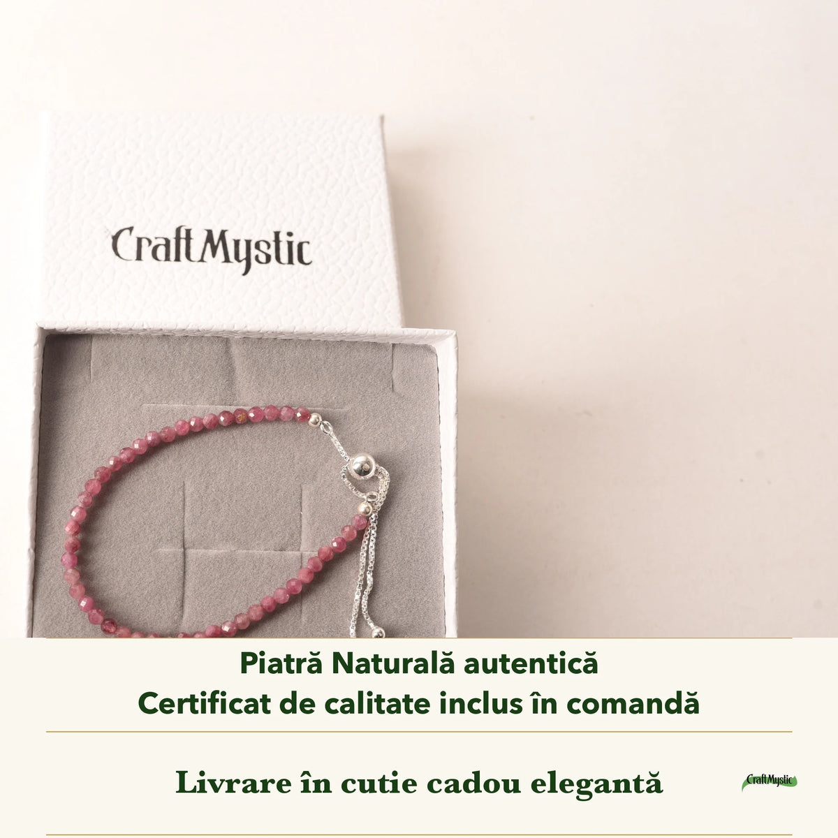 Brățară cu Turmalină Roz în cutia cadou CraftMystic, cu certificatul de calitate