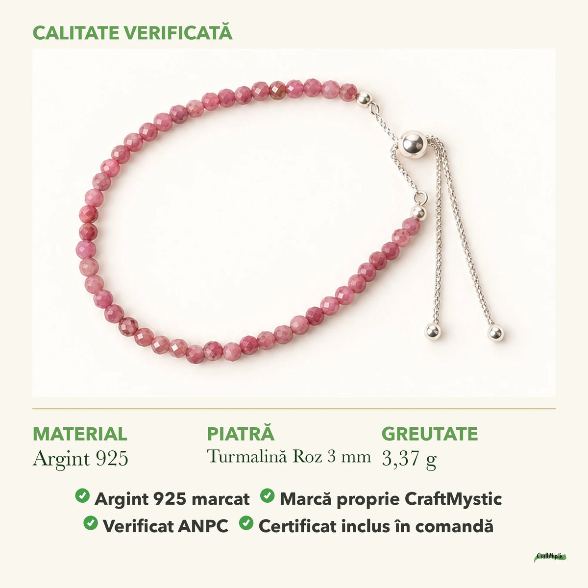 Brățară cu Turmalină Roz: material, dimensiunea pietrei, greutate și marcajul 925