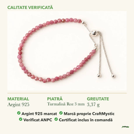 Brățară cu Turmalină Roz: material, dimensiunea pietrei, greutate și marcajul 925