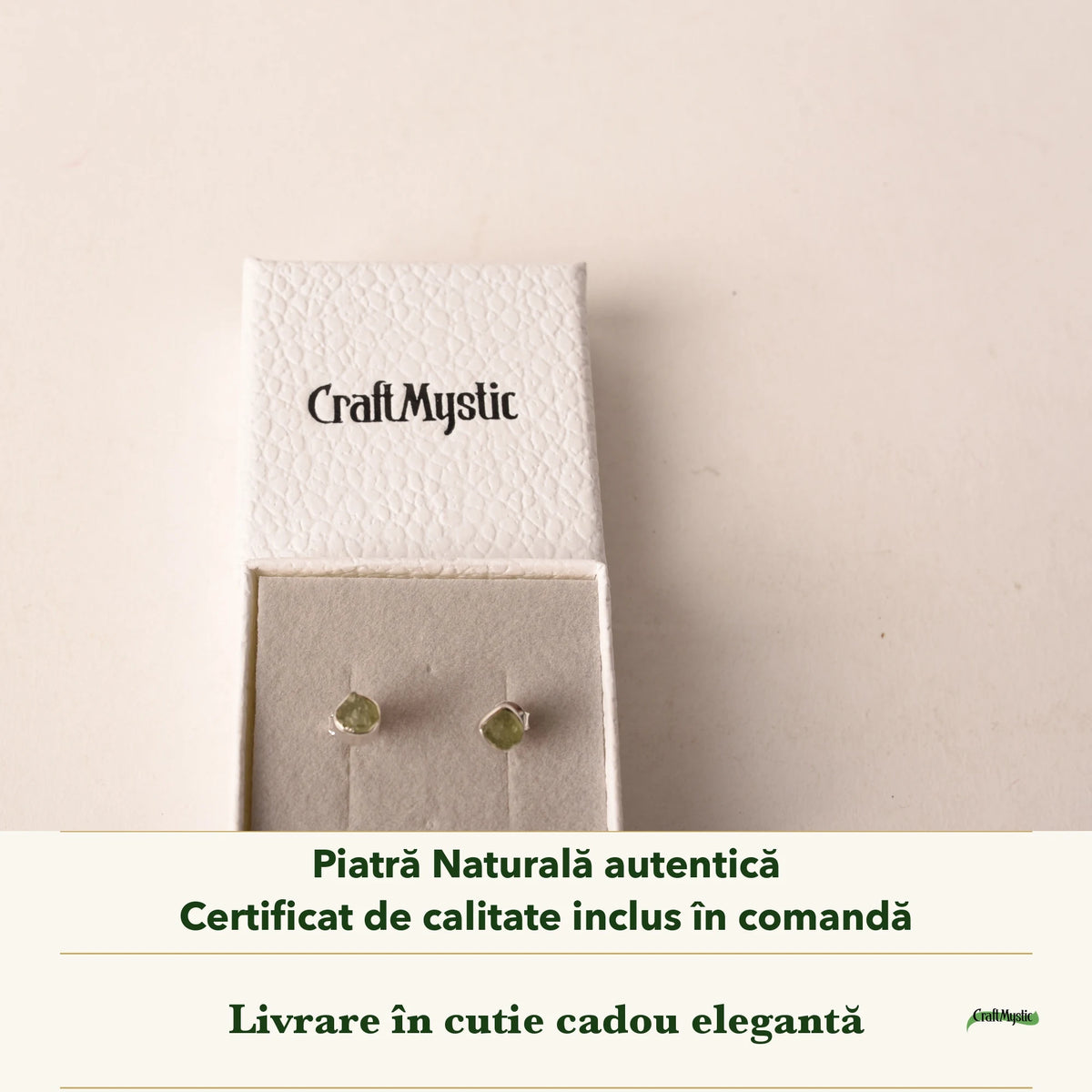 Cercei cu Moldavit în cutia cadou CraftMystic, cu certificatul de calitate
